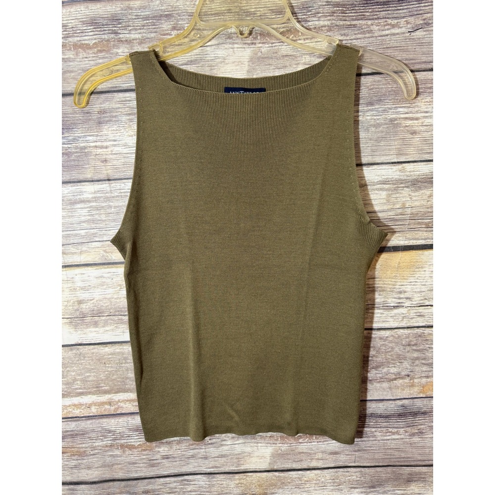 Ann Taylor 100% Silk Knit Tank Top Olive Green Boat Neck Sleeveless M Medium